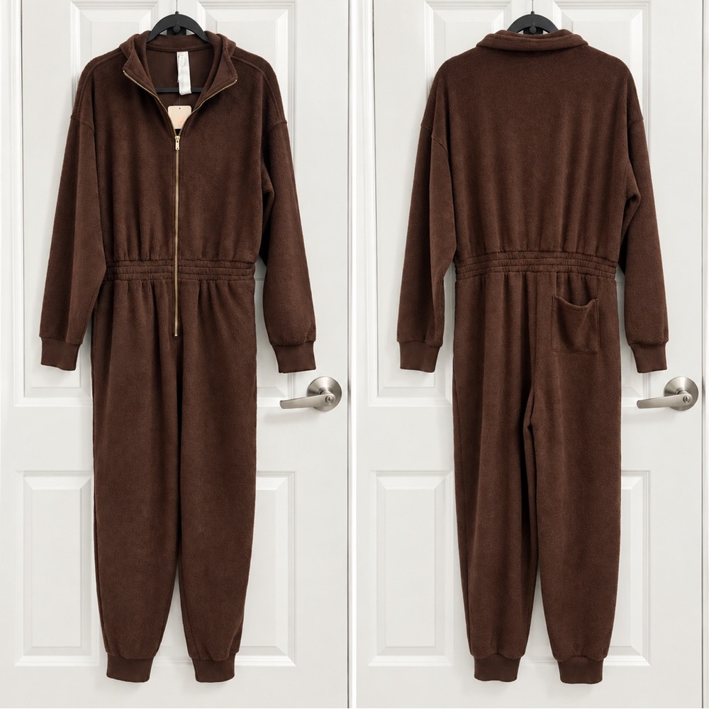 Fabletics Brown Fleece Cinched Waist Jumpsuit NWT - Picture 2 of 2